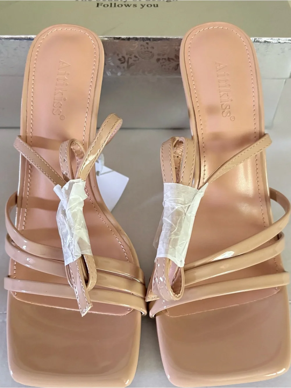 AITIKISS Women's Nude Strappy Square-Toe Heels New in Box 6 1/2